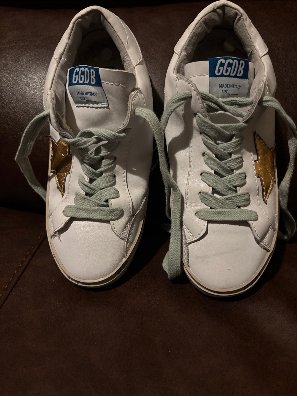 Golden Goose White Leather Sneakers with Gold Star and Mint Laces